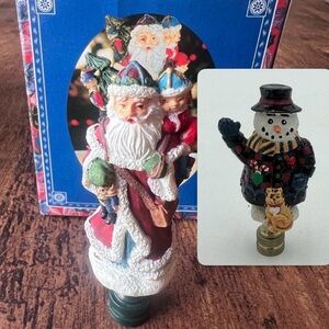 Vintage JD Christmas Polystone Country Snowman W/ Kitten & Santa Lamp Finials